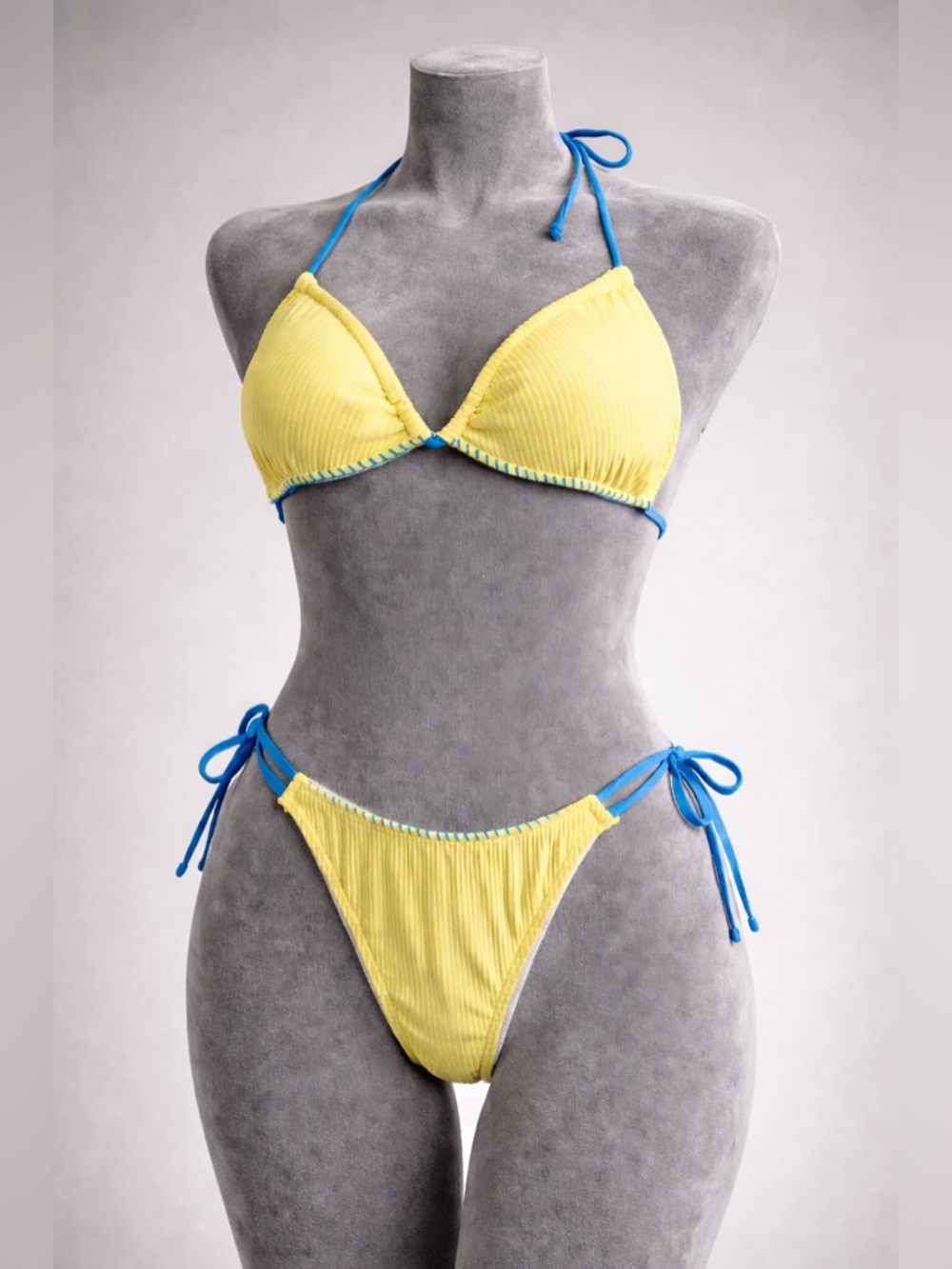 Amazon Yellow Ribbed Triangle Bikini with Blue Trim size S NWT